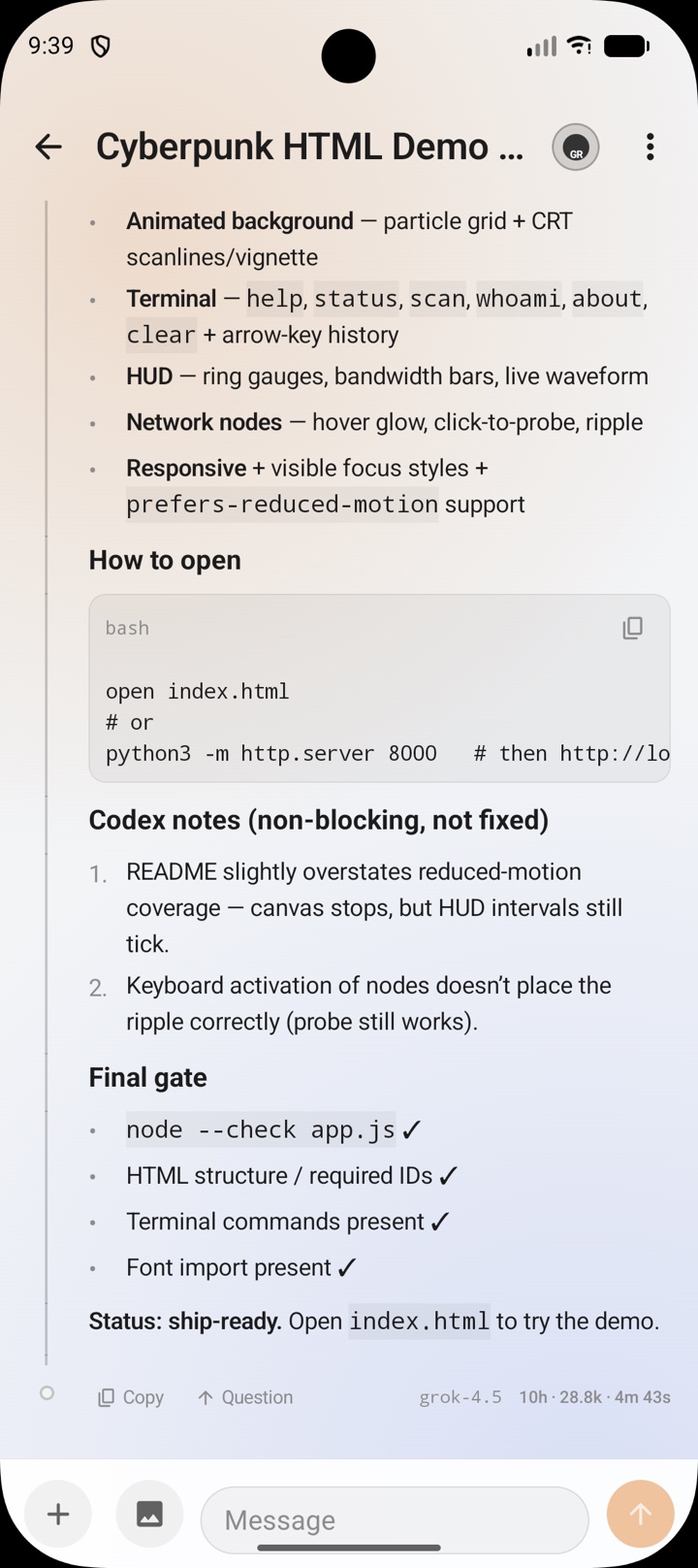 An agent response, rendered Markdown, and message composer in the Codeg Android client