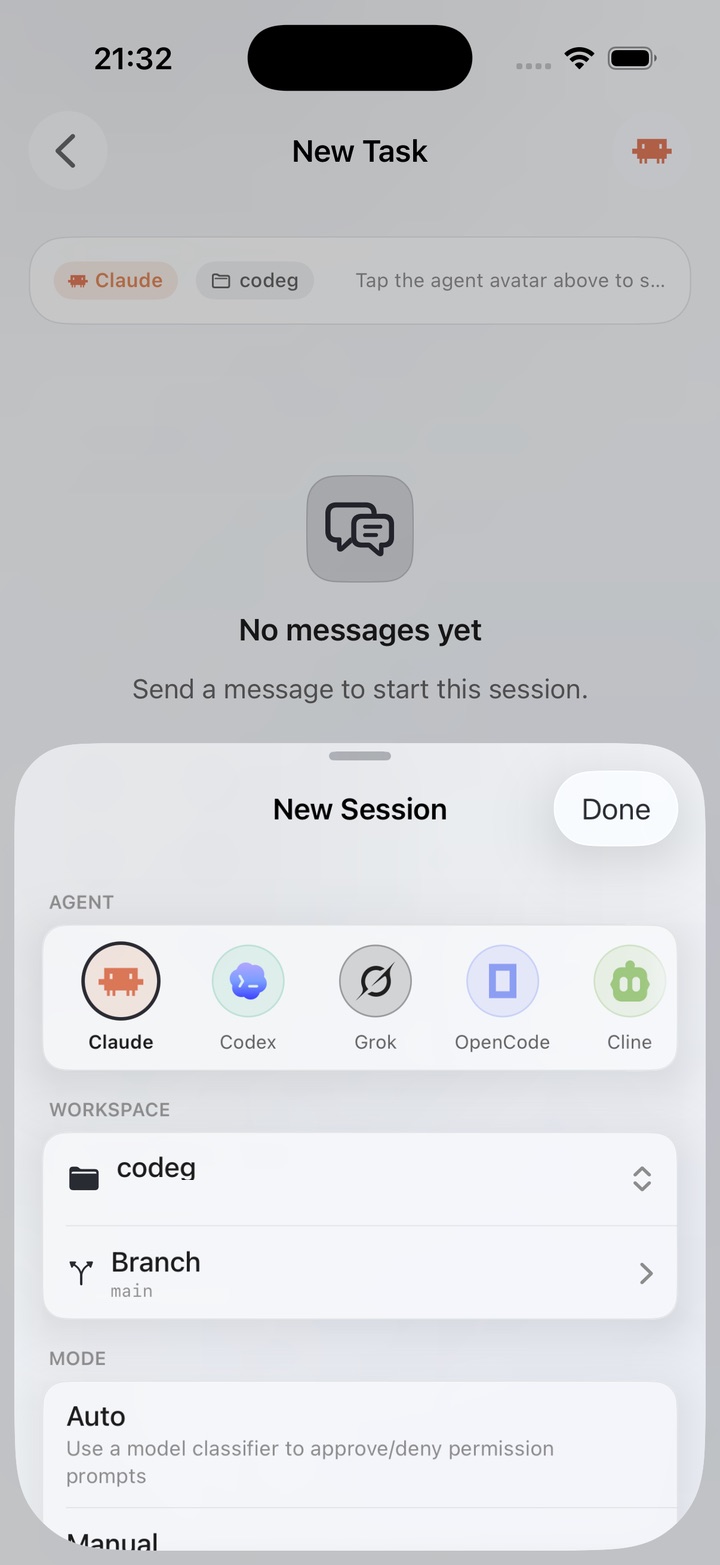 The Codeg iOS new-session screen with agent, workspace, branch, and permission mode choices